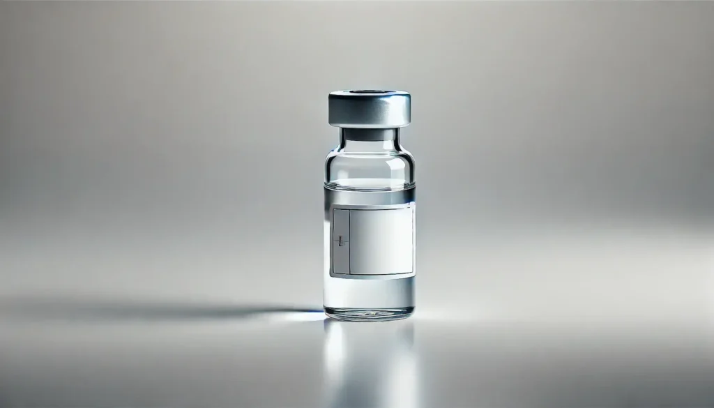 A realistic image of a small glass vial with a clear label